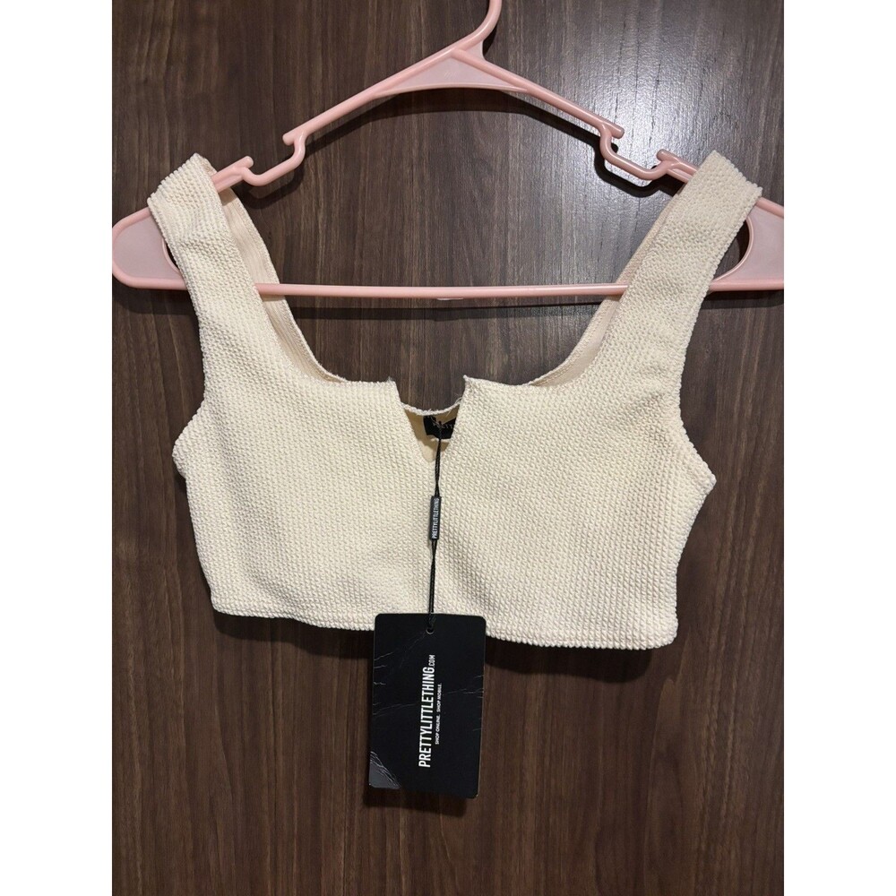 NWT PrettyLittleThing Stone Crinkle Bikini Top Size 8 Slash Neck Textured